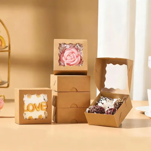 Vista 3 de RomanticBaking 50 cajas de trufas de chocolate para 4 unidades, mini cajas de panadería con ventana para brownie, galletas, jabón, donas, macarrones