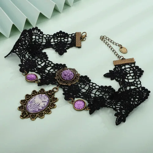 Vista 5 de Elegante gótico gótico steampunk encaje negro camafeo púrpura flor colgante victoriano tatuaje gargantilla dama camafeo collar para mujeres niñas