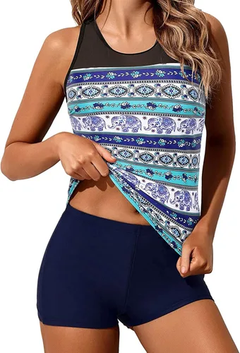 Vista 3 de Yonique Racerback Tankini Traje de baño corto de dos piezas para mujer