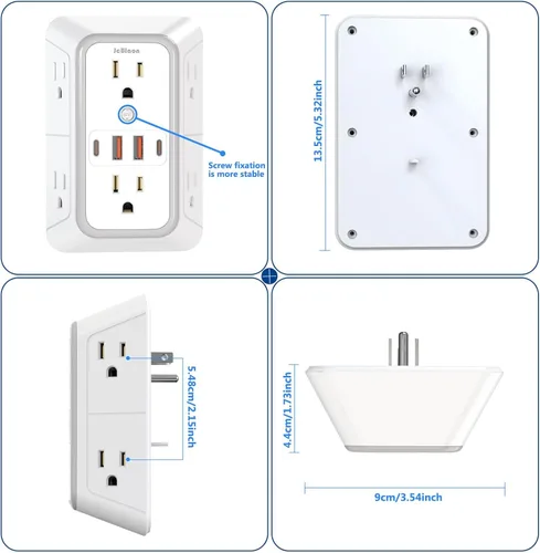 Vista 8 de JcBlaon Protector de sobretensiones extensor de salida, divisor de 6 salidas con 4 puertos USB (2 USB C), adaptador de pared de 4 lados 1050 J