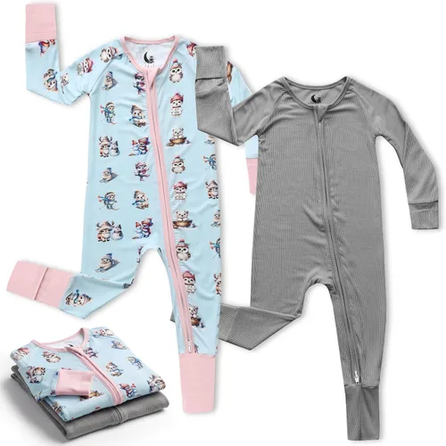 Vista 11 de Pijama de viscosa de bambú con cremallera de 2 vías para cambio de pañal, 0 a 24 meses, suave y elástico, paquete de 2 Oso azul
