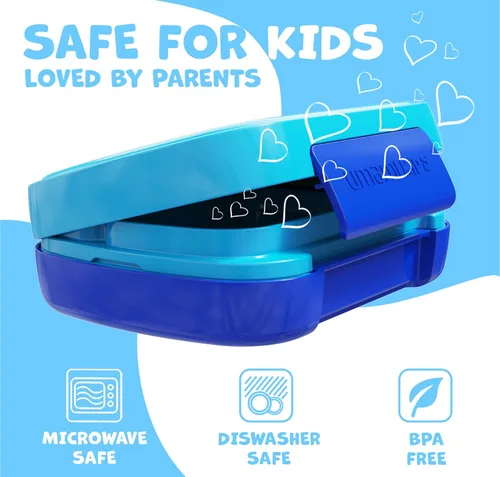 Vista 5 de Umami Lonchera Bento todo en 1 para niños, paquete de hielo y utensilios incluidos, 100% a prueba de fugas y sin BPA, lonchera favorita de los Azul