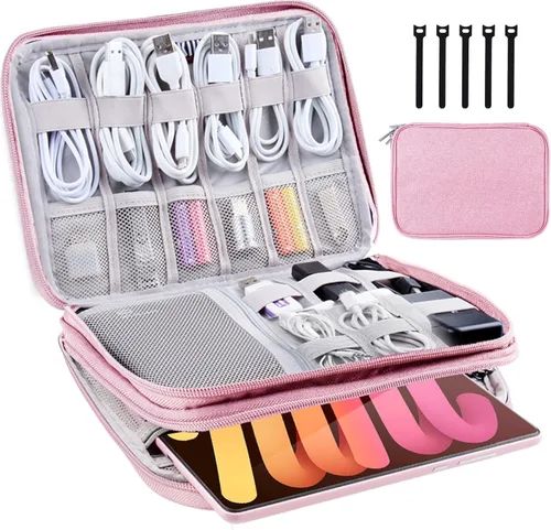 Vista 10 de Organizador de artículos electrónicos, estuche de viaje, organizador de cables, accesorios de viaje, esenciales para mujeres y hombres, bolsa A-Negro