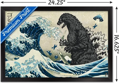 Vista 3 de Trends International Godzilla - Póster de pared Great Wave (22.4 pulgadas de largo x 14.7 pulgadas, versión enmarcada en negro)