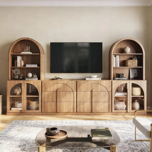 Vista 34 de BELLEZE Centro de entretenimiento modular de 4 piezas con almacenamiento, 2 vitrinas de madera moderna con gabinete arqueado y 2 armarios de puerta