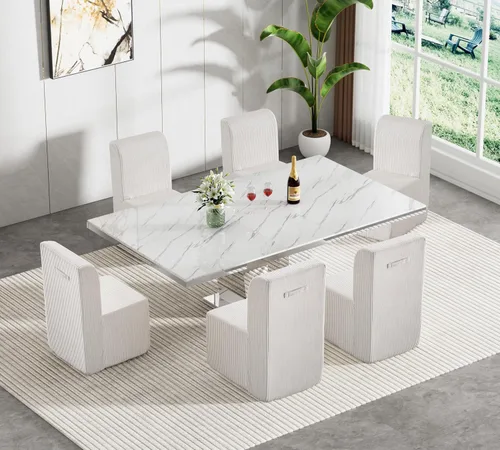 Vista 15 de Juego de mesa de comedor extensible marrón de 9 piezas para 8, 63 a 78.74 pulgadas, juego de mesa de cocina y comedor, mesa de comedor extensible