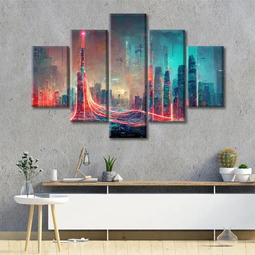 Vista 289 de Cuadros de 5 paneles de Cyberpunk City, arte de pared, representación de vallas publicitarias, edificios modernos en la capital con obras de arte