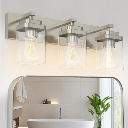 Vista 10 de Lámparas de baño de oro cepillado, 4 luces de baño sobre el espejo, diseño cuadrado y placa trasera grande rectangular, accesorios de iluminación