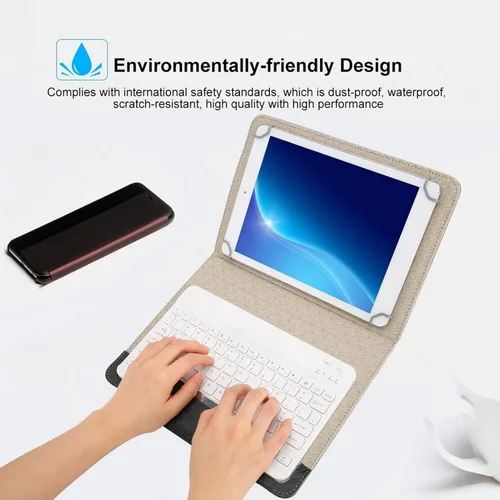 Vista 6 de Teclado Bluetooth con funda de poliuretano para Android/para teléfono inteligente iOS, teclado Bluetooth con funda abatible y soporte para tableta