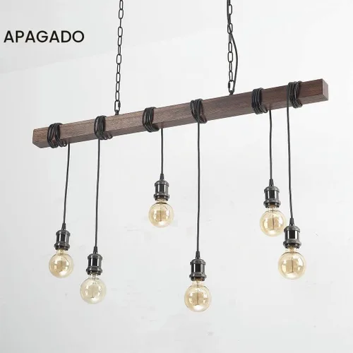 Vista 9 de Eoyemin Lámpara colgante de madera rústica con 6 luces de estilo rústico y retro, línea de suspensión industrial, se puede ajustar libremente