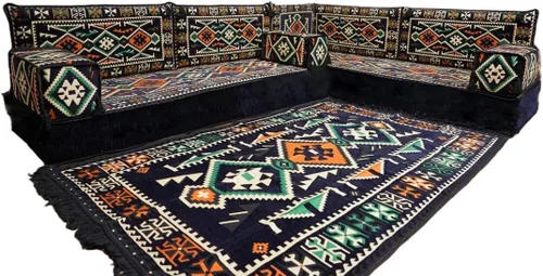 Vista 180 de arabicsofa Juego de asientos Jalsa en forma de L – Majlis árabe hecho a mano con almohadas de respaldo