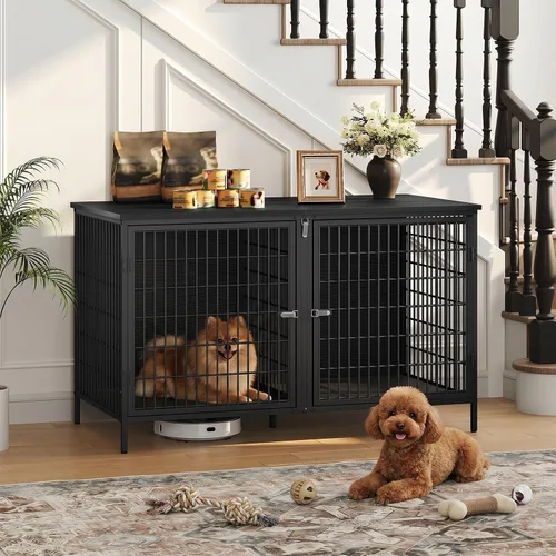 Vista 4 de MAHANCRIS Mueble de jaula para perros para 2 perros, perrera de 43.3 pulgadas con divisor extraíble, muebles para perros resistentes y resistentes