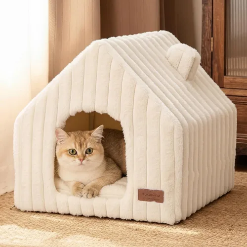 Vista 10 de FUKUMARU Casas para gatos de interior, cueva linda y lavable para gatos con almohada removible, casa grande semi-cerrada y acogedora para perros
