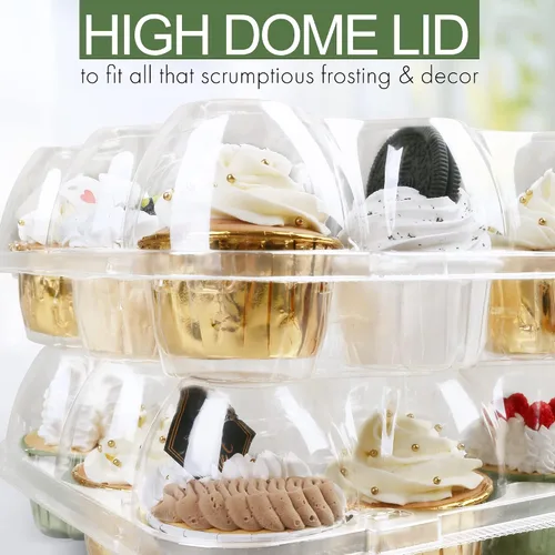 Vista 6 de LotFancy (12 unidades x 5 juegos) recipientes para cupcakes con 60 forros, cajas apilables de plástico, soporte desechable para magdalenas con tapa
