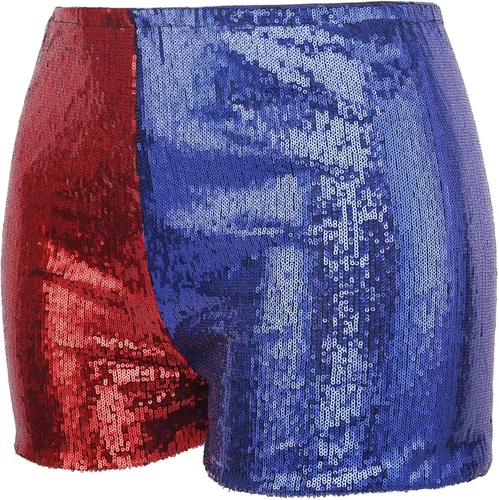 Vista 4 de HDE Pantalones cortos de lentejuelas rojas y azules para mujer de talla grande para disfraz de Halloween Harley Misfit, Azul, metálico, rojo