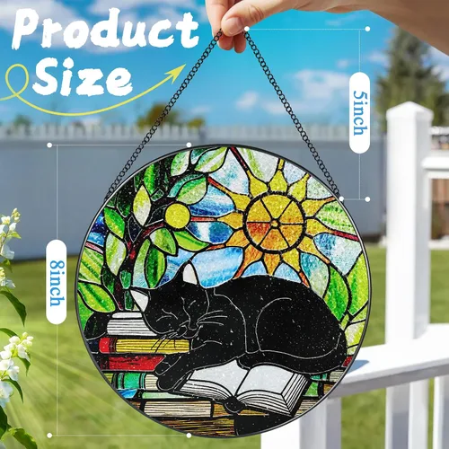 Vista 4 de Colgante de Vidriera, Gato Negro de 8 Pulgadas sobre Libro Atrapasol de Vidriera, Decoración Colgante para Ventana, Regalos para Amantes