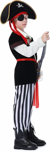 Vista 5 de Disfraz de pirata para niños con sombrero de pirata, parche de ojos, disfraz de pirata para niños, disfraz de cosplay para Halloween, fiesta