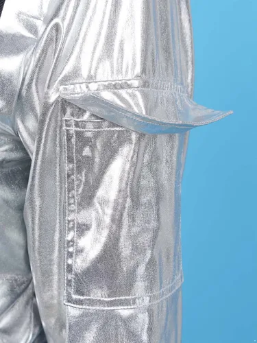 Vista 6 de Sywiyi Disfraz de astronauta para adultos, para mujeres y hombres, con cremallera metálica brillante, traje espacial plateado