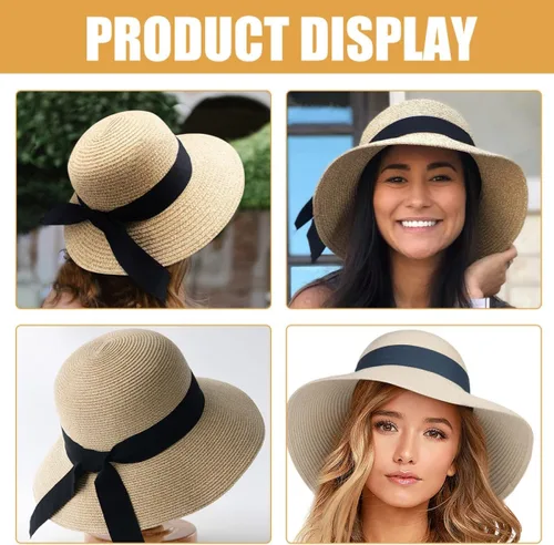 Vista 5 de Women Beach Sun Hat Wide Brim Fashion Bucket Cap Beige