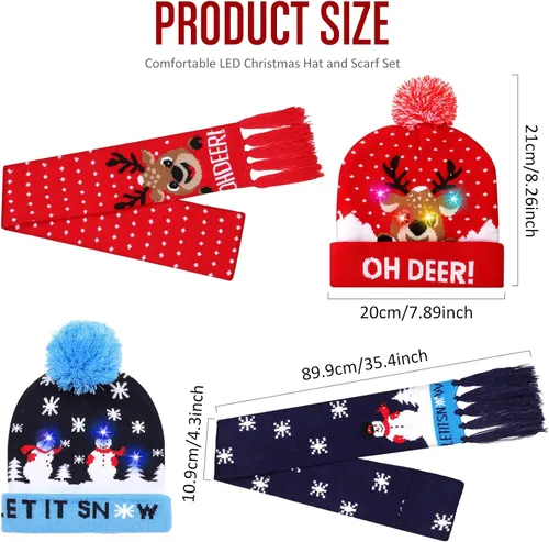 Vista 2 de Juego de 4 sombreros de Navidad con luz LED y bufanda iluminada, gorro de punto de Navidad, bufanda LED