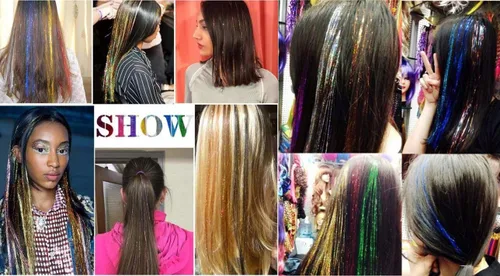 Vista 4 de 10 unids/set de extensiones de pelo de oropel con clip, multicolores con purpurina, mechones de pelo de hadas para mujeres bronce
