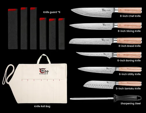 Vista 6 de SYOKAMI Juego de cuchillos de chef de 14 piezas con bolsa enrollable, juego de cuchillos japoneses profesionales de acero inoxidable con mango
