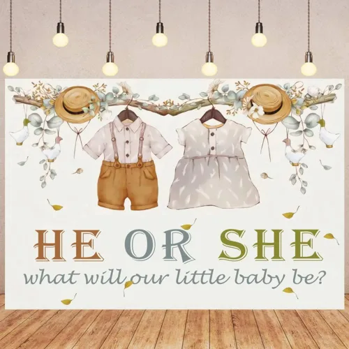 Vista 2 de Telón de fondo para fiesta de revelación de género con texto en inglés «What Will Our Little Baby Be Photografía» de 5 x 3 pies, pancarta