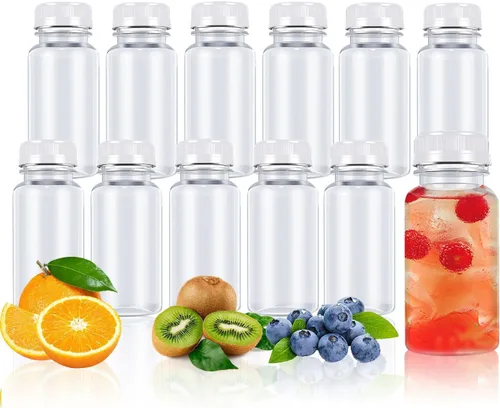 Vista 8 de 12 botellas de plástico para jugo, recipientes de bebidas reutilizables, para jugo, leche, batido y otras bebidas, con tapa negra, 3 onzas