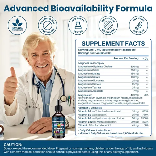 Vista 2 de Complejo de magnesio + complejo B – glicinato, citrato, malato, B1 B2 B6 B12 y vitamina C – Apoyo nervioso y muscular – 2 onzas líquidas