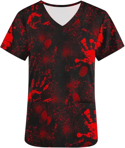 Vista 4 de Camisetas médicas de Halloween para mujer, camisetas con cuello en V y bolsillos, Naranja#_05