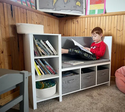 Vista 4 de UTEX Banco de lectura para niños con estantería, estantería para niños y organizador de almacenamiento con cojín de asiento, banco de lectura