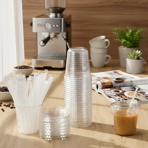 Vista 2 de Ziliny Paquete de 25 vasos de plástico transparente de 12 onzas con tapas para sorbos y pajitas, tazas desechables para café helado de cristal