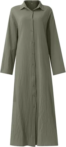 Vista 4 de UODSVP Vestidos de otoño de algodón y lino a rayas para mujer vestido irregular de temperamento holgado vestidos de manga larga