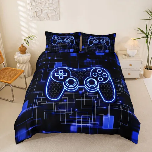 Vista 26 de Juego de funda de edredón con diseño de videojuegos para niños, tamaño individual, negro y azul a cuadros, juego de ropa de cama moderna