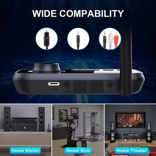 Vista 5 de Transmisor y receptor Bluetooth 5.0 para 2 auriculares, adaptador de audio inalámbrico 2 en 1, transmisor Bluetooth con bypass, baja latencia, largo