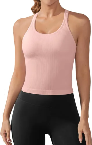 Vista 39 de ATTRACO Camiseta corta acanalada de entrenamiento para mujer con brasier integrado para yoga, espalda cruzada, ajuste ajustado