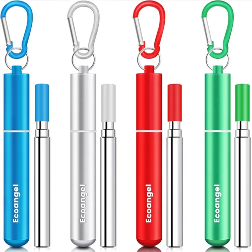 Vista 9 de Ecoangel Cruise Ship Essentials, paquete de 4 popotes plegables reutilizables de acero inoxidable con estuche de aluminio, cepillo de limpieza