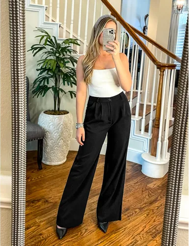 Vista 2 de GRAPENT Pantalones de pierna ancha para mujer, para trabajo, negocios, casual, de cintura alta, pantalones de vestir fluidos para la oficina