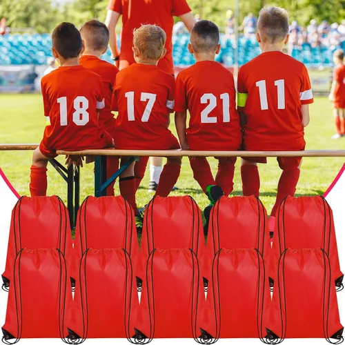 Vista 6 de 100 bolsas de mochila con cordón a granel, bolsas de cuerda para gimnasio, escuela, viajes, regalos de bricolaje, Rojo