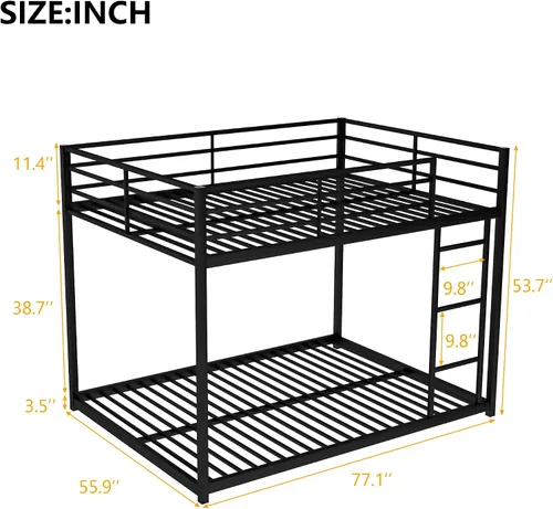 Vista 2 de Litera baja de tamaño matrimonial con escalera, litera de metal con barandillas de seguridad para niños, adolescentes y adultos, no requiere somier