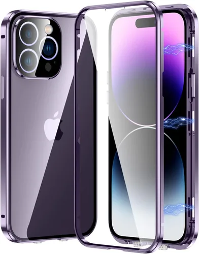 Vista 15 de Funda magnética transparente para iPhone 14 de vidrio con protector de lente de cámara, protector de pantalla integrado sensible al tacto Negro