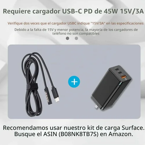 Vista 5 de Cable de carga USB C para Surface RT y Pro 1 2 (negro de 6 pies), funciona con cargador USB-C de 15 V/3A 45 W, compatible con Microsoft Surface 1512