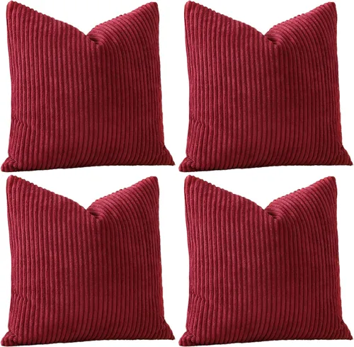 Vista 5 de OTOSTAR Juego de 4 fundas de almohada decorativas de pana suave a rayas color burdeos de 18 x 18 pulgadas, fundas de almohada cuadradas para sofá