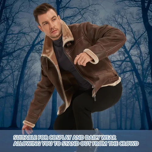 Vista 6 de Chaqueta para hombre, chaqueta de cuero marrón, abrigo de bombardero para motocicleta, disfraz de cosplay, traje de invierno, XS-3XL