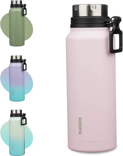 Vista 45 de BJPKPK Botella de agua aislada de 24 onzas con asa, sin BPA, botella térmica de viaje de acero inoxidable reutilizable, botella de agua grande, Negro