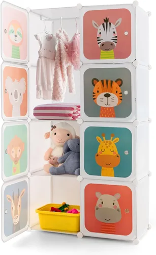 Vista 11 de Costzon Armario para Niños, Organizador de Almacenamiento Modular de Tocador de Dibujos Animados DIY con 12 Cubos y 2 Percheros para Colgar Ropa