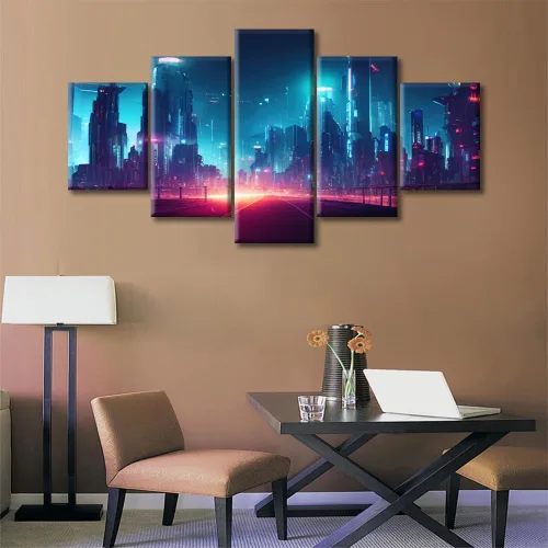 Vista 30 de Cuadros de 5 paneles de Cyberpunk City, arte de pared, representación de vallas publicitarias, edificios modernos en la capital con obras de arte