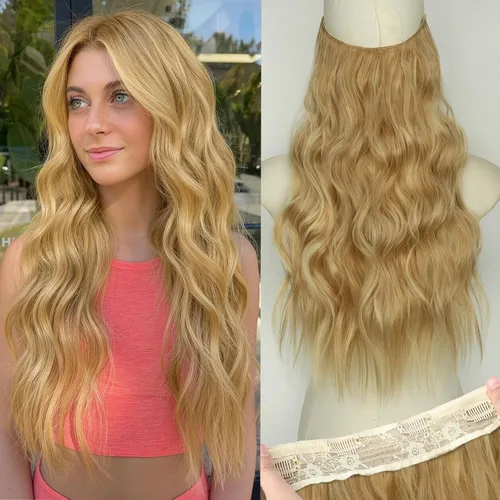 Vista 37 de KooKaStyle - Extensiones de cabello con hilo invisible, diadema transparente, ajustables, 4 clips fijadores, cabello largo y ondulado de 12