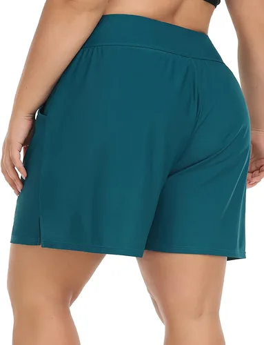 Vista 6 de ANFILIA Pantalones cortos de natación de talla grande para mujer, pantalones cortos de cintura alta, tankini con bolsillos