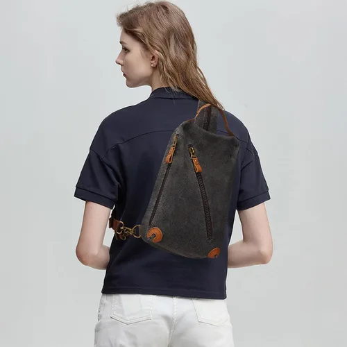 Vista 7 de KL928 Bolso bandolera pequeño Mochila cruzada de lona para el hombro, mochila casual para hombres y mujeres, negro (6887-canvas-black), Mochilas